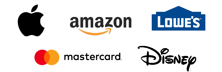 Company logos of Apple, Amazon, Lowe's, Mastercard, and Disney.