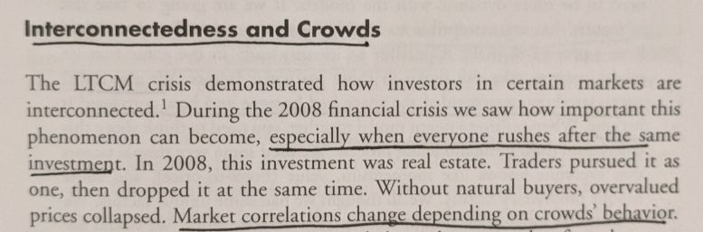 Book quote about how market correlations can change depending on crowd behavior.