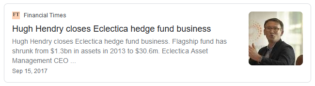 Headline on Hugh Hendry closing his hedge fund after changing strategies.