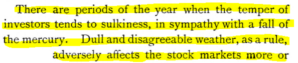 Old book quote attempting to connect stock market performance to the weather.