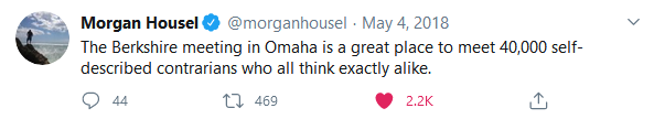 Tweet on how "the Berkshire meeting is a place to meet 40,000 self-described contrarians."