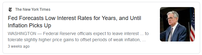 Headline in 2020 that the Federal Reserve plans to keep interest rates low for years.
